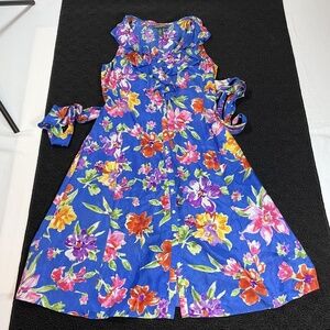 Ralph Lauren Dress Womens 8 Floral Silk Sleeveless Ruffle Midi Belted Y2K